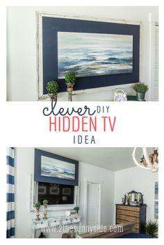 two pictures with the words clever diy hidden tv idea