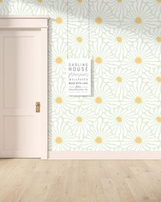 This groovy retro wallpaper features a large-scale white daisy print on a pale sage green background. Available as removable peel and stick or traditional unpasted wallpaper - both wallpapers are eco-friendly and vinyl-free. Made in the USA, Darling House Wallpaper is printed and shipped from Philadelphia, PA in plastic-free, recyclable packaging. Explore more Green Wallpaper: https://www.etsy.com/shop/DarlingHouseDesign?ref=seller-platform-mcnav§ion_id=40702331 ✤ INSPIRATION ✤ - Use wallpaper t 60s Inspired Wallpaper, Blair Bedroom, Retro Daisy Nursery, Daisy Wallpaper Room, Daisy Wallpaper For Walls, Retro Floral Wallpaper, Foyer Mudroom, 70s Floral Wallpaper, Stylish Entryway