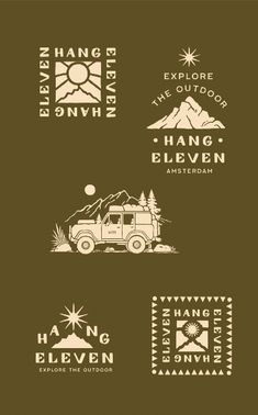 four different logos for the hang eleven adventure park, with mountains and trees in the background