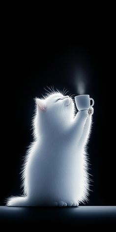 a white cat drinking out of a coffee cup with its paw in it's mouth