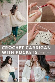 the crochet cardigan with pockets free pattern is shown in four different pictures