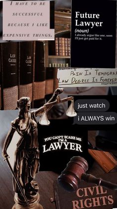 collage of law related images including books and statue