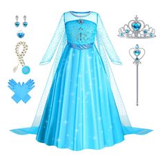 a blue princess dress with tiara and accessories