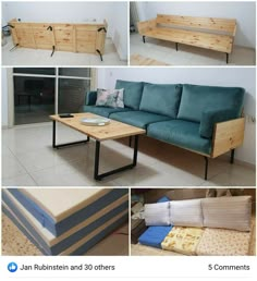 several photos of couches and tables made out of pallet wood, including one with blue cushions