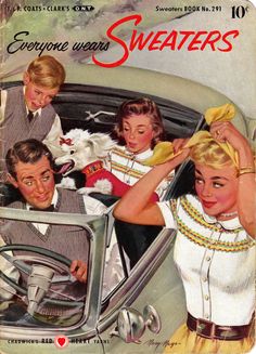 an advertisement for sweaters from the 1950's featuring two women and a man in a car