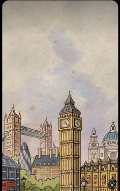 the big ben clock tower towering over the city of london with other buildings in the background