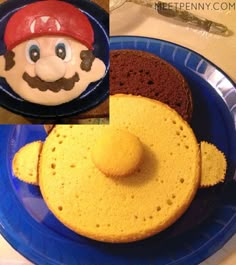 there is a blue plate that has some cake on it and an image of mario