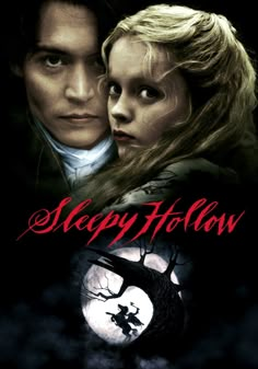 the poster for sleepy hollow with two people in front of a full moon and tree