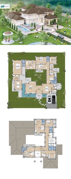 the floor plan and elevation view of a house with multiple levels, including two floors