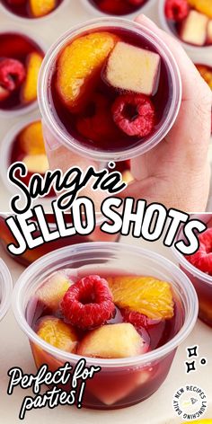 a person holding up some fruit in plastic cups with the words sangre jello shots on it