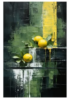 two lemons are sitting on the edge of a painting with green and yellow paint