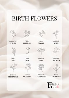 the birth flowers are shown in black and white on a bed with text that reads birth flowers