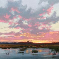 an oil painting of a sunset over a body of water with clouds in the sky