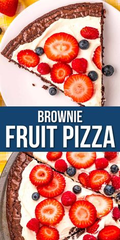 two slices of brownie fruit pizza on a plate