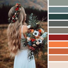 a woman in a white dress holding a bouquet of flowers and greenery color palette