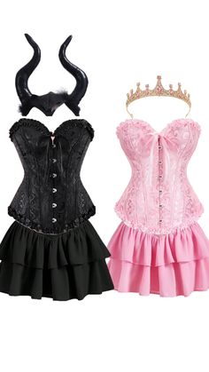 two corsets, one in pink and the other in black with horns on them