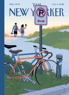 a bicycle parked next to a sign that says the new yorker