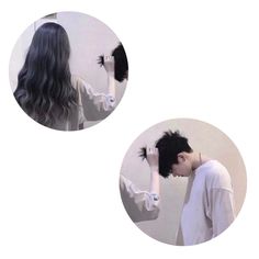 two circular pictures with the same person brushing their hair, and one has long black hair