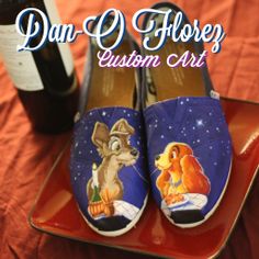 Lady and the tramp inspired artwork painted on TOMS or VANS. SHOES ARE INCLUDED.    If you would like to ADD EXTRAS (i.e.. tinker bell, mickey balloons, or other ideas SEND ME A CONVO or REQUEST A CUSTOM LISTING, i will judge the estimated time needed to add that to the order and send you a qu... Painting Sneakers, Bobs Shoes, Lady And Tramp, Bob Shoes, Mickey Balloons