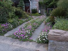 a house with lots of flowers in the front yard