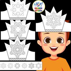 a young boy wearing a paper crown with snowflakes on it