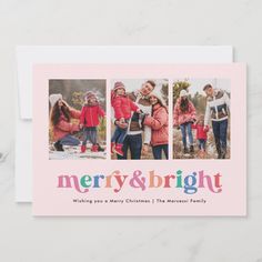 merry and bright holiday card with three photos in pink, green, blue, red