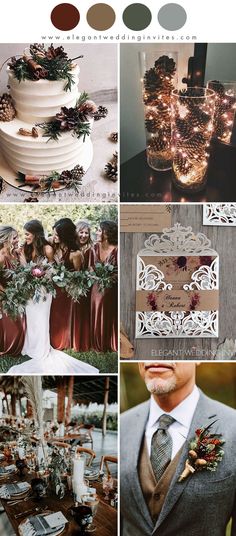 a collage of photos with different wedding colors and details, including pineconi