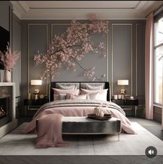 a bedroom with grey walls and pink bedding in front of a large painting on the wall