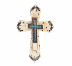 a wooden cross with blue and black accents