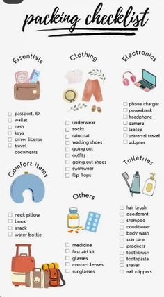 the packing checklist is shown with luggage and other things to pack in it,