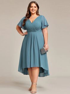 Plus Size Double V-Neck Ruffles Sleeve Chiffon Midi Wedding Guest Dress #color_Dusty Blue Midi Wedding Guest Dress, Midi Bridesmaid Dress, Wedding Guest Attire, Ever Pretty, Guest Attire, Affordable Dresses, Lotus Leaf, Chiffon Material, Chiffon Ruffle