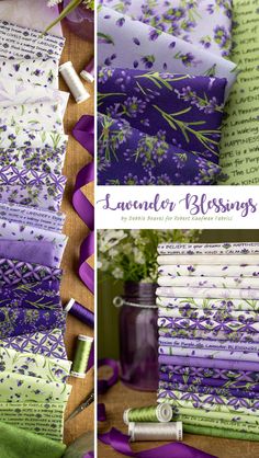 purple and green fabric with flowers on it, next to an open book that says lavender blessing