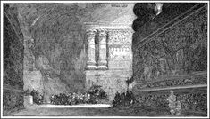 an old black and white drawing of people in a large room with columns on the walls