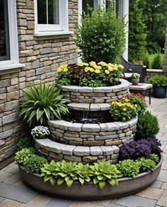 an outdoor garden with stone steps and plants