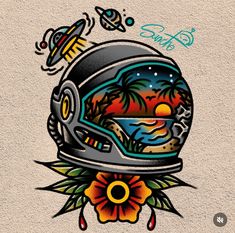 an astronaut's helmet with tropical scenes on it