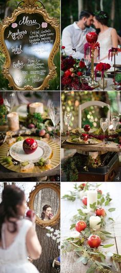 the wedding table is decorated with red flowers and greenery, candles, and apples