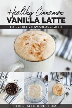 the ingredients to make vanilla latte are shown in this collage with text overlay