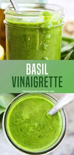 basil vinaigrette in a mason jar with a spoon and green leaves around it