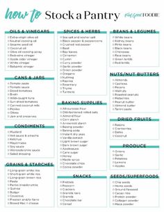 how to stock a pantry grocery list with the text overlay that reads, how to stock a pantry