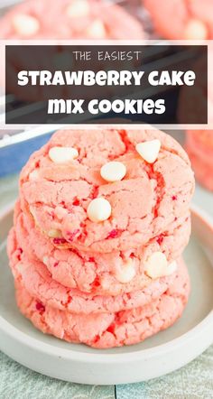 strawberry cake mix cookies stacked on top of each other