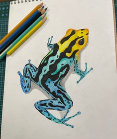 a drawing of a frog sitting on top of a piece of paper with colored pencils next to it