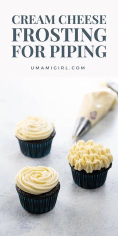 three cupcakes with cream cheese frosting on top and the words, how to make