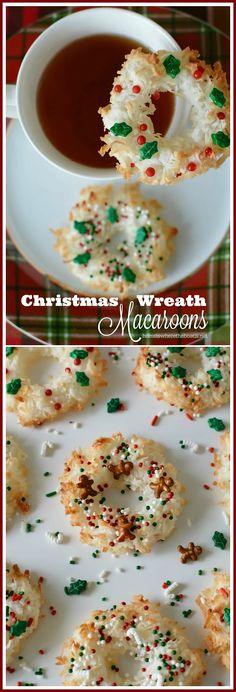 christmas wreath cookies with sprinkles are on a plate next to a cup of tea