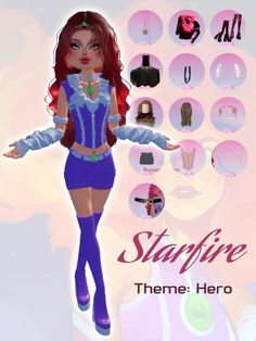 an animated image of a woman with red hair and blue clothes, standing in front of various hairstyles