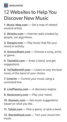 an ad with the words, 12 web sites to help you discovery new music