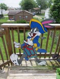 a cartoon character is standing on a porch