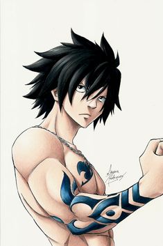 an anime character with black hair and tattoos on his arm