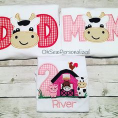 two personalized farm animals and barnyard shirts with the number 2 on each shirt