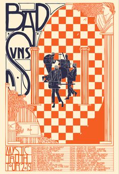 an orange and white poster with some people on the chess board in front of it