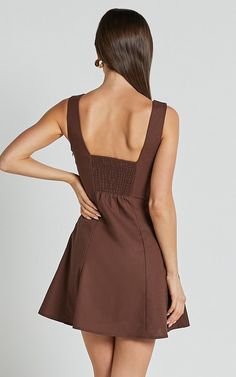 Adiana Mini Dress - Linen Look Square Neck Shirred Back A Line Dress in Chocolate Brown Square Neck Mini Dress For Spring, Feminine Square Neck Mini Dress With Tie Back, Spring Mini Dress With Square Neck In Brown, Brown Sundress With Smocked Back, Brown Square Neck Dress With Smocked Back, Spring Brown Mini Dress With Square Neck, Brown Smocked Back Sundress, Linen Mini Dress With Square Neck, Brown A-line Sundress